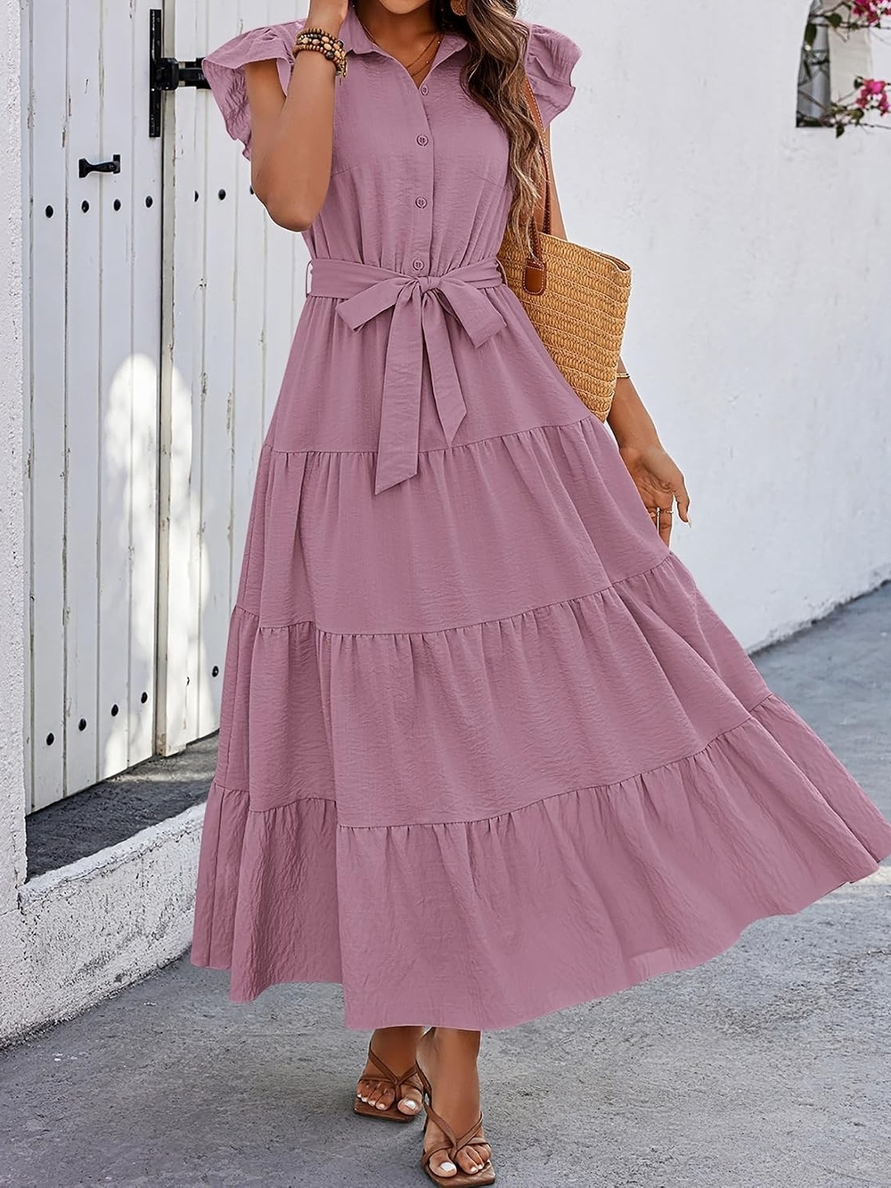 Womens Button-Front Tiered Maxi Dress with Tie Waist